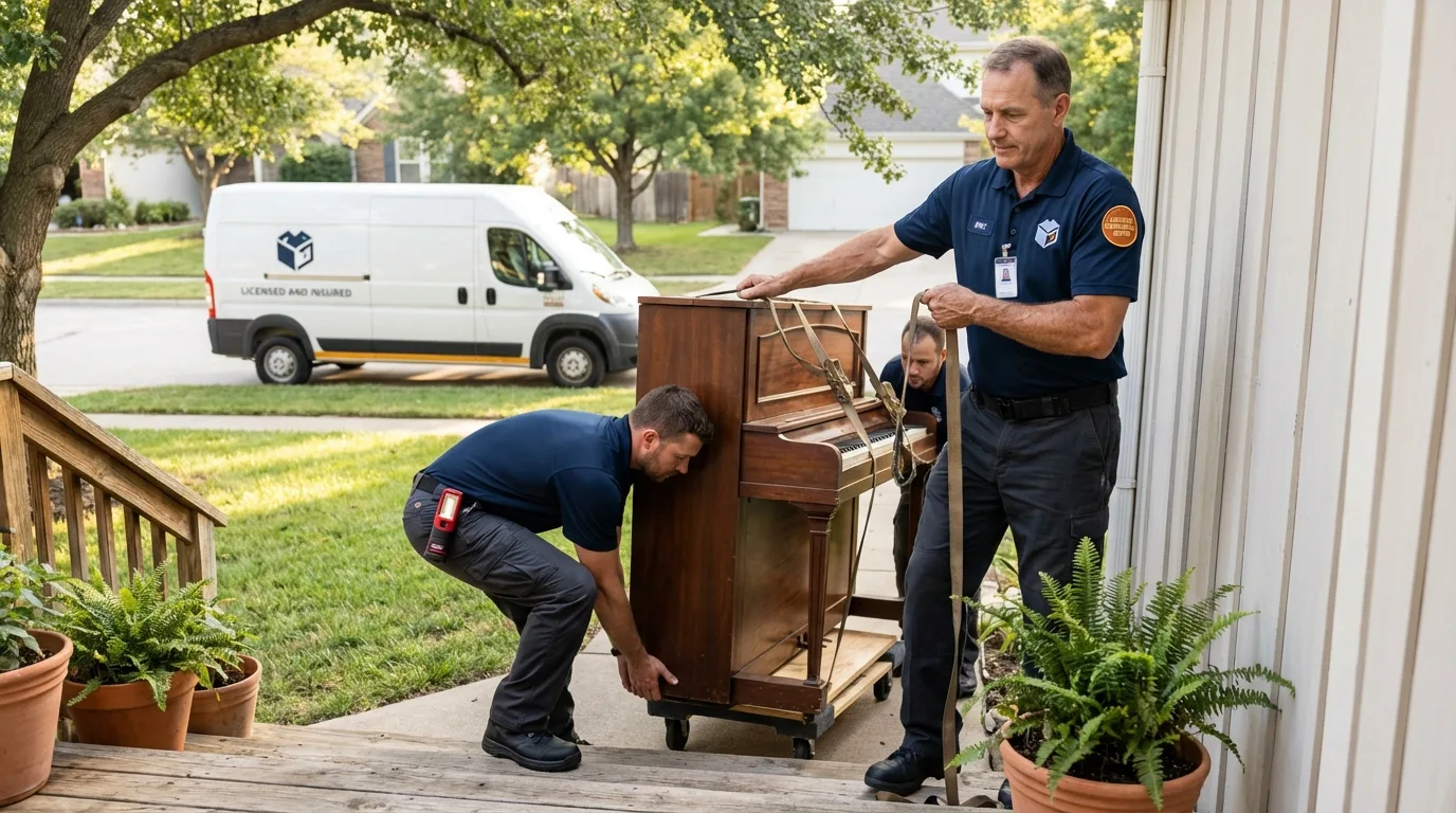 Licensed piano movers securing grand piano in Montgomery, MN
