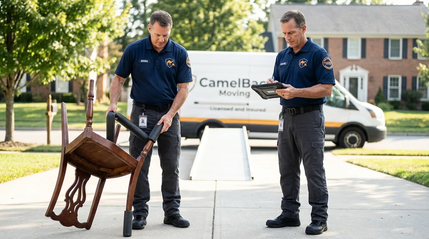 Movers inspecting furniture for damage prevention before loading in Montgomery, MN